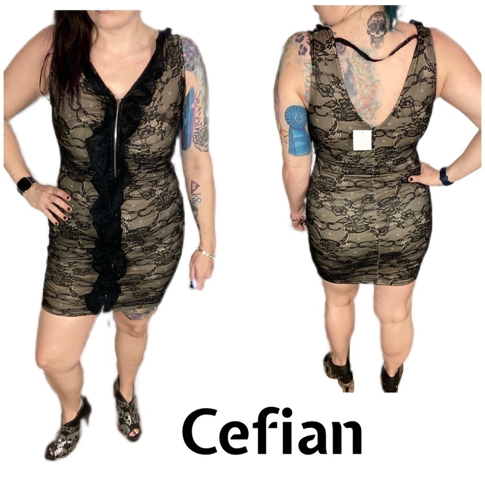 Cefian black and nude lace ruffle bodycon dress